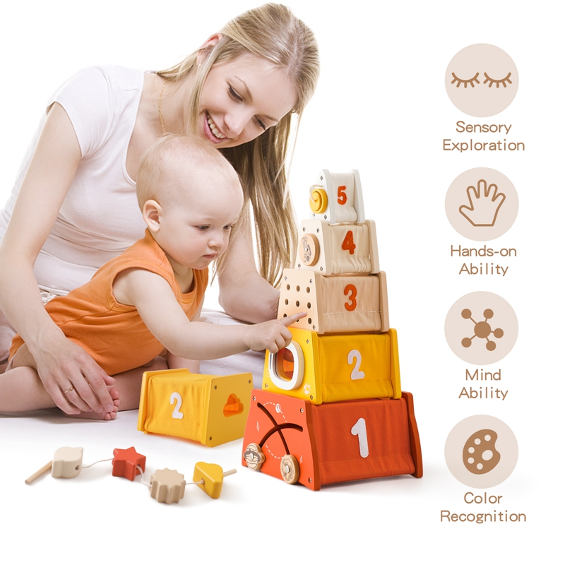 Kids Wooden Montessori Toys Th - Wooden Blocks Stacking ulasan dan harga